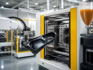 Robotic arm extracting a PC/ABS automotive interior part from an injection molding machine