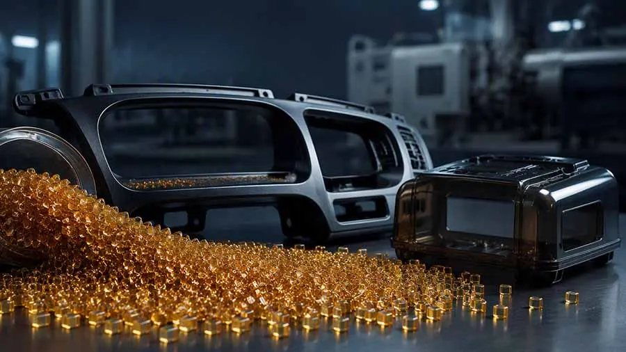 PC/ABS resin pellets with injection molded automotive interior and electronics housing parts