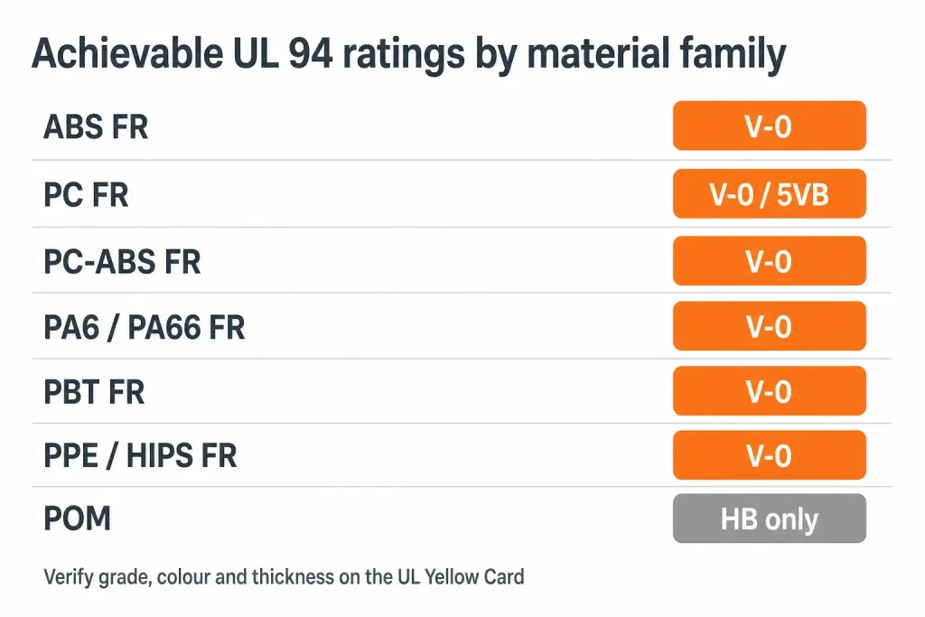 Chart of achievable UL 94 ratings by flame-retardant plastic material family