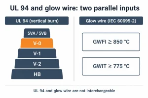 Chart comparing UL 94 ratings (HB to 5VA) with glow-wire GWIT and GWFI requirements